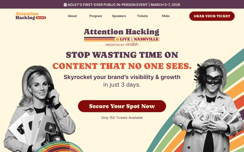 Attention Hacking Live event site with retro rainbow design, host photos and ticket button