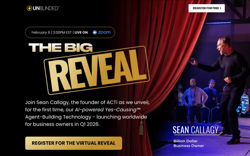 The Big Reveal webinar registration page with speaker on stage