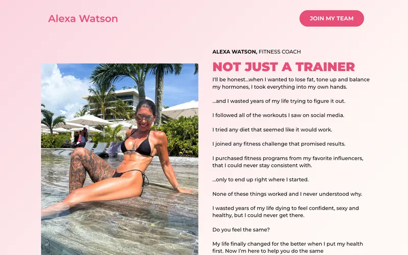 Fitness coach recruitment page with photo and story