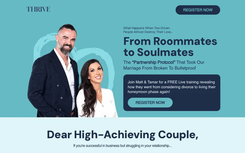 Couples coaching webinar page with hosts photo
