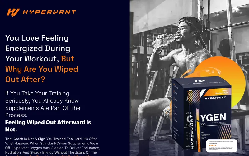 Hypervant supplement sales page with headline and product shot