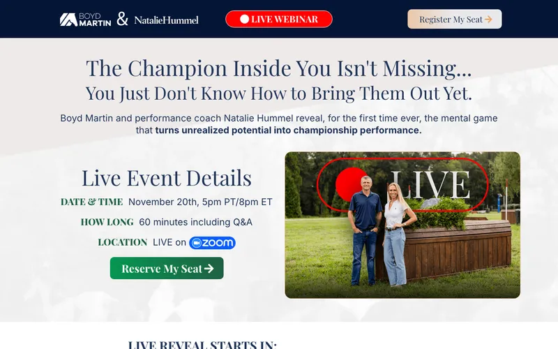 Live webinar page with event details and coach photo